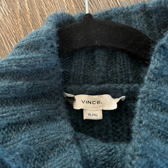 VINCE Cable Knit Turtleneck Sweater Alpaca Dark Malachite Teal XL - Picture 2 of 4